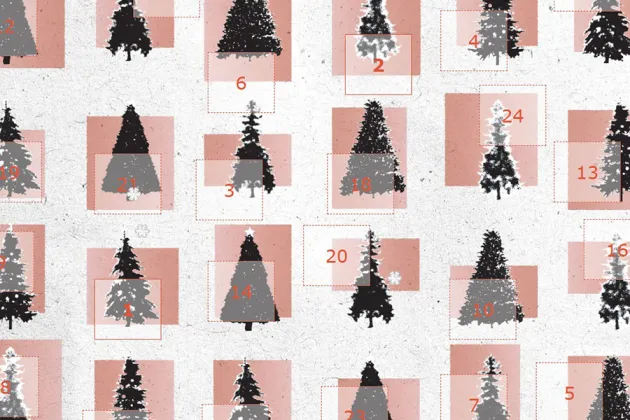 Image of an Advent calendar decorated with Christmas trees.