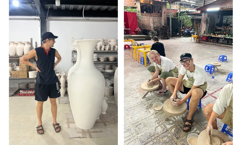 Photo collage of one picture of a man standing beside a large man-size vase and one picture showing two men working on the ceramics wheel.